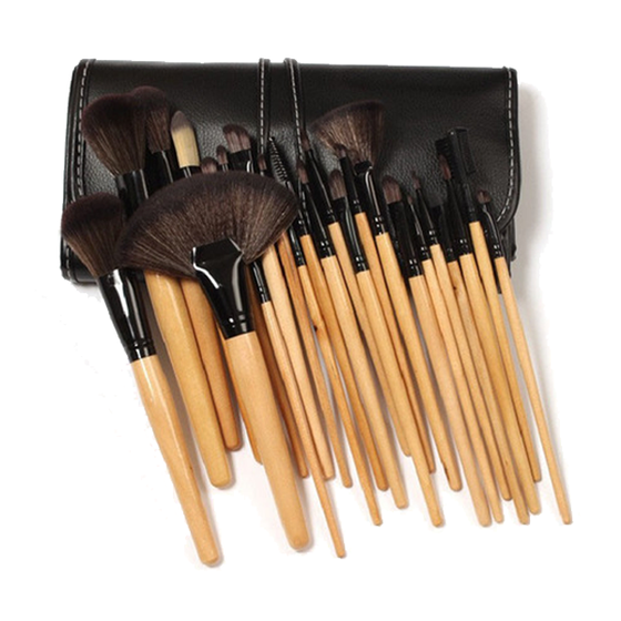 32 Piece Wooden Makeup Brush Set in Vegan Leather Case