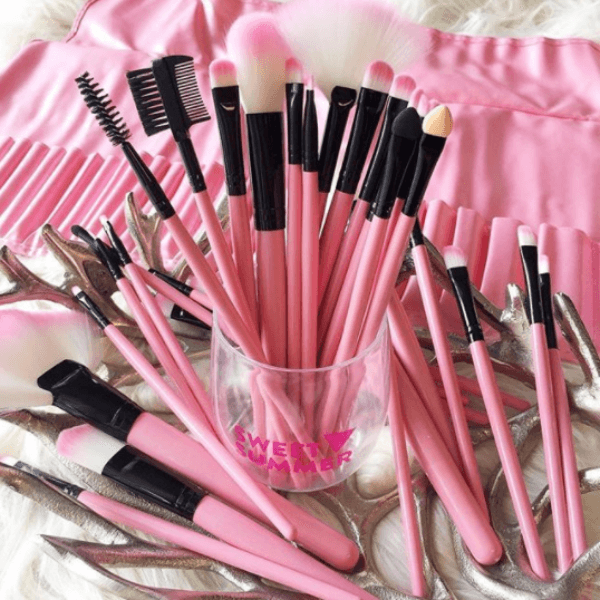 24 Piece Pink Makeup Brush Set – Perfect for Face and Eye Application